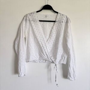 Feminine Boho 100% Cotton White Eyelet Wrap Long Sleeve Cropped Layering Top
